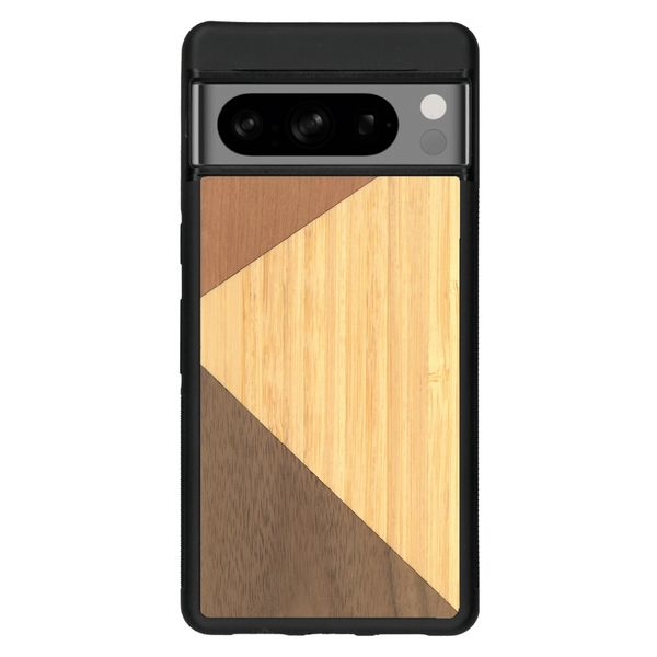 Coque de protection en bois véritable fabriquée en France pour Google Pixel 6 alliant du merisier, du noyer et du bambou formant chacun deux triangles et un trapèze avec deux jointures en diagonale sur le thème de l'art abstrait