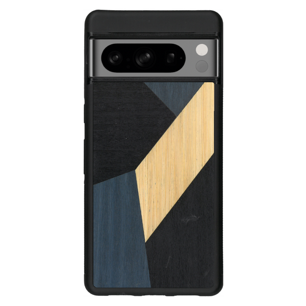 Coque de protection en bois véritable fabriquée en France pour Google Pixel 6 alliant du bambou, du tulipier bleu et noir en forme de mosaïque minimaliste sur le thème de l'art abstrait