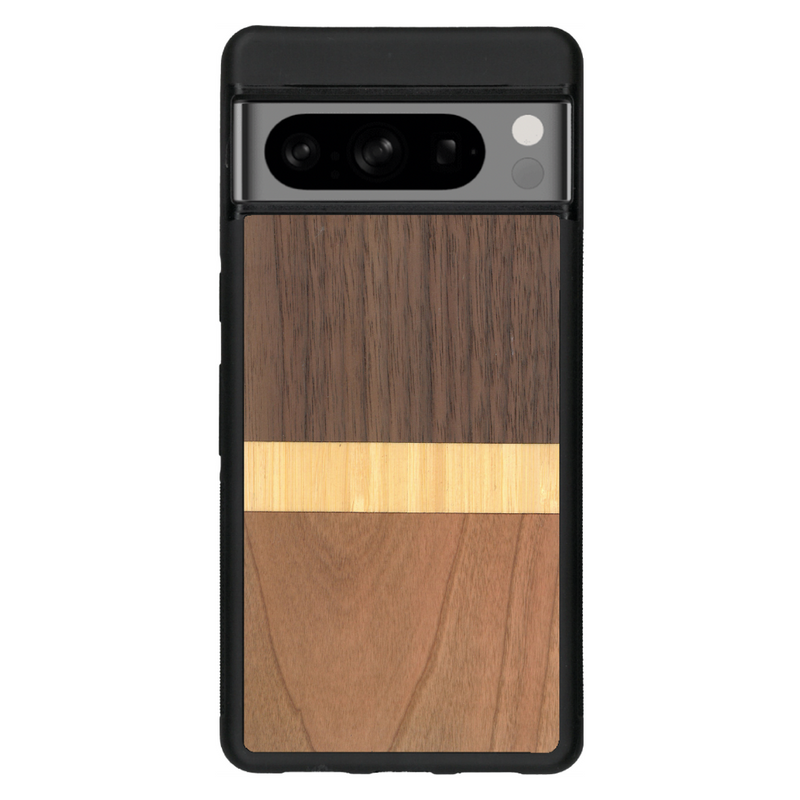 Coque de protection en bois véritable fabriquée en France pour Google Pixel 6 alliant des bandes horizontales de bambou, merisier et noyer