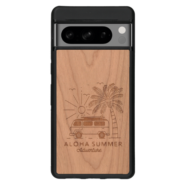 Coque de protection en bois véritable fabriquée en France pour Google Pixel 6a sur le thème de la plage, de l'été et vanlife.