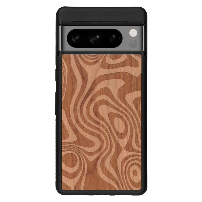 Coque de protection en bois véritable fabriquée en France pour Google Pixel 6a avec un motif abstrait représentant les mouvements de l'eau