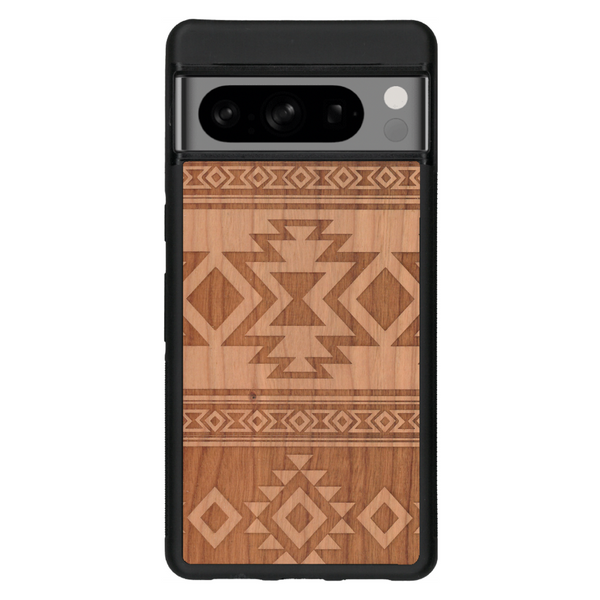 Coque de protection en bois véritable fabriquée en France pour Google Pixel 6a avec des motifs géométriques s'inspirant des temples aztèques, mayas et incas