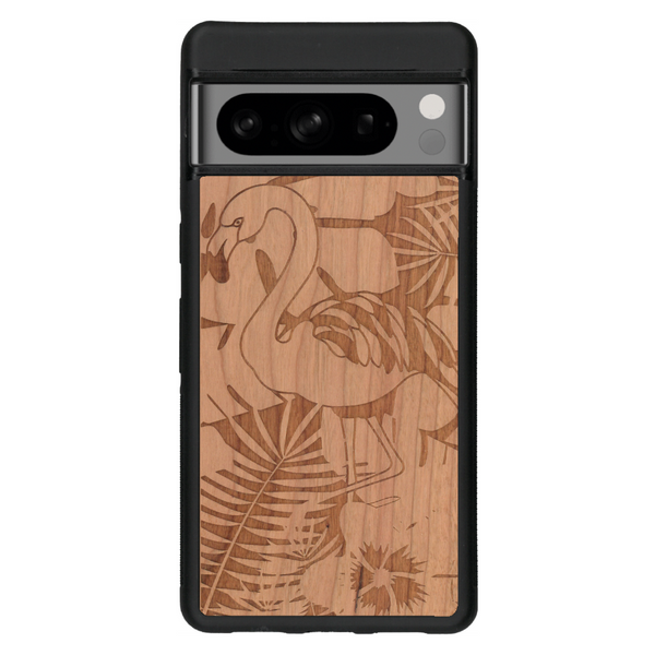 Coque de protection en bois véritable fabriquée en France pour Google Pixel 6a sur le thème de la nature et des animaux représentant un flamant rose entre des fougères