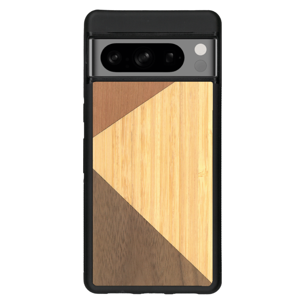 Coque de protection en bois véritable fabriquée en France pour Google Pixel 6a alliant du merisier, du noyer et du bambou formant chacun deux triangles et un trapèze avec deux jointures en diagonale sur le thème de l'art abstrait