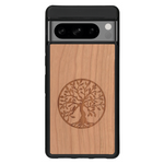Coque de protection en bois véritable fabriquée en France pour Google Pixel 6pro sur le thème de la spiritualité et du yoga avec une gravure zen représentant un arbre de vie