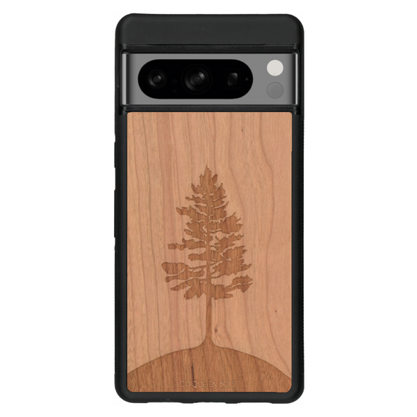 Coque de protection en bois véritable fabriquée en France pour Google Pixel 6pro sur le thème de la nature, de la fôret et de l'écoresponsabilité avec une gravure représentant un arbre 