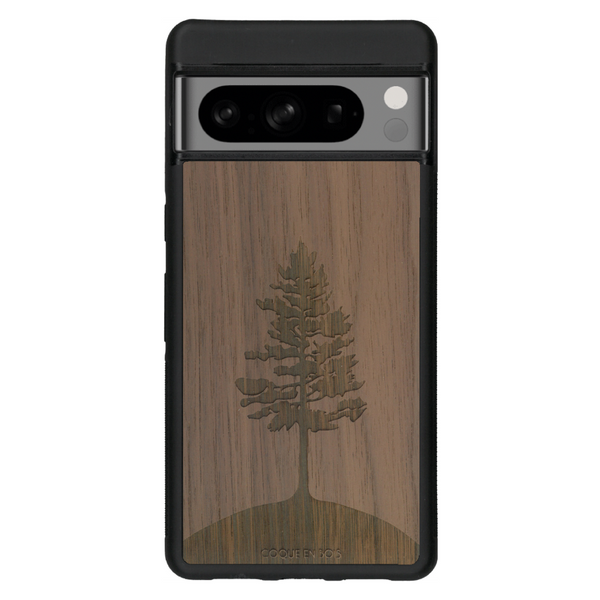 Coque de protection en bois véritable fabriquée en France pour Google Pixel 6pro sur le thème de la nature, de la fôret et de l'écoresponsabilité avec une gravure représentant un arbre 