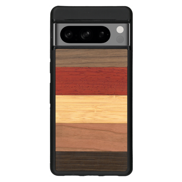 Coque de protection en bois véritable fabriquée en France pour Google Pixel 6pro alliant des bandes horizontales de bambou, merisier, padouk, noyer et chêne fumé