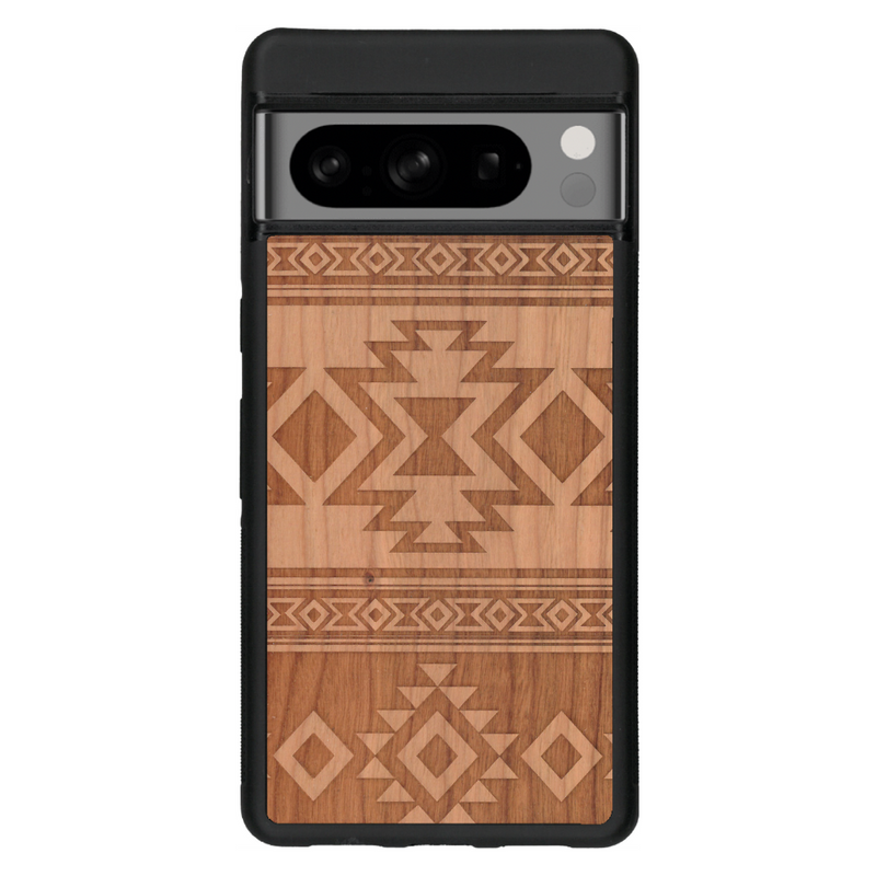 Coque de protection en bois véritable fabriquée en France pour Google Pixel 6pro avec des motifs géométriques s'inspirant des temples aztèques, mayas et incas