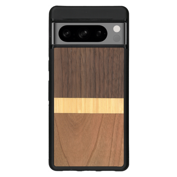 Coque de protection en bois véritable fabriquée en France pour Google Pixel 6pro alliant des bandes horizontales de bambou, merisier et noyer
