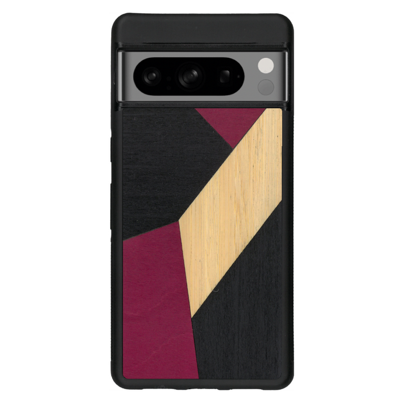 Coque de protection en bois véritable fabriquée en France pour Google Pixel 7 alliant du bambou, du tulipier rose et noir en forme de mosaïque minimaliste sur le thème de l'art abstrait
