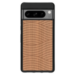 Coque de protection en bois véritable fabriquée en France pour Google Pixel 7pro avec un motif moderne et minimaliste sur le thème waves et wavy représentant les vagues de l'océan