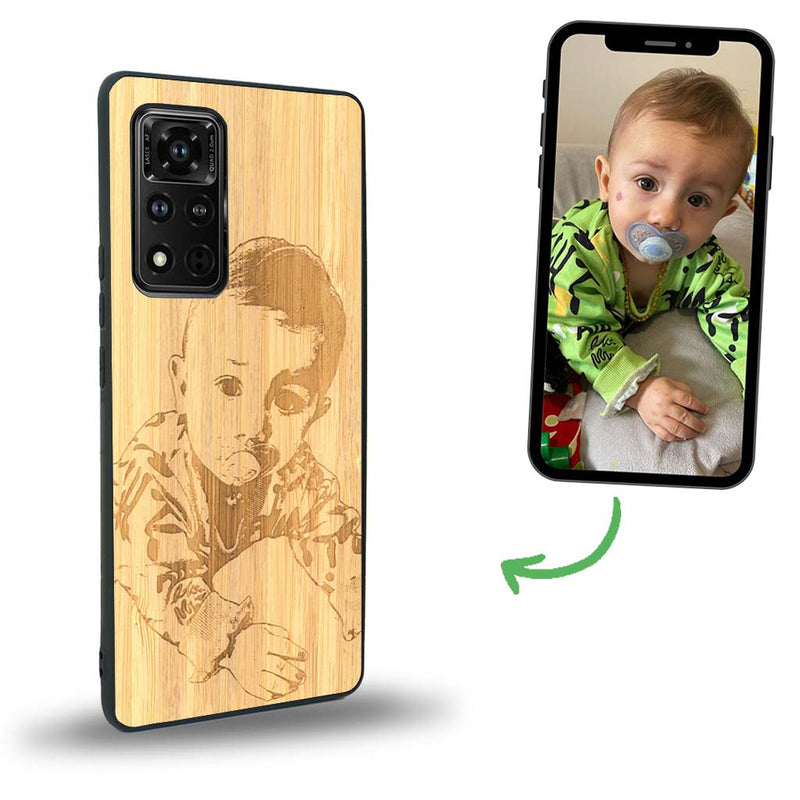 Coque de protection en bois véritable fabriquée en France pour Honor V40 avec gravure personnalisée à partir d'une photo, d'une image, d'un logo, des initials ou d'une phrase