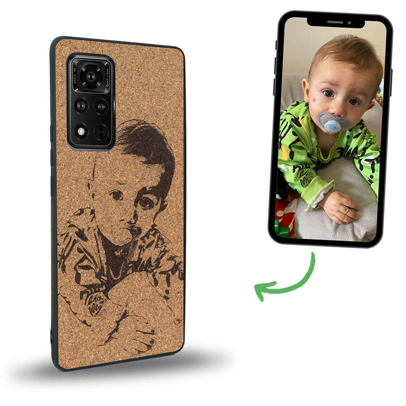 Coque de protection en bois véritable fabriquée en France pour Honor V40 avec gravure personnalisée à partir d'une photo, d'une image, d'un logo, des initials ou d'une phrase