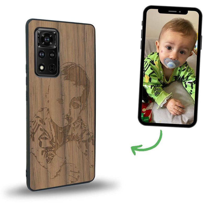 Coque de protection en bois véritable fabriquée en France pour Honor V40 avec gravure personnalisée à partir d'une photo, d'une image, d'un logo, des initials ou d'une phrase