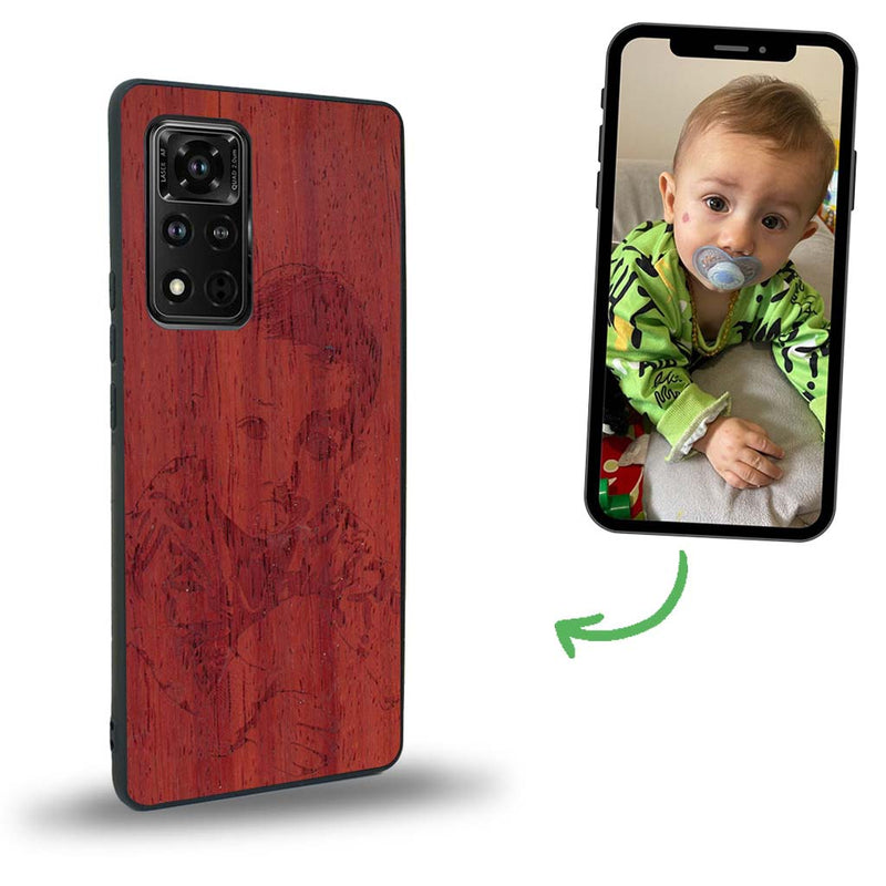 Coque de protection en bois véritable fabriquée en France pour Honor V40 avec gravure personnalisée à partir d'une photo, d'une image, d'un logo, des initials ou d'une phrase