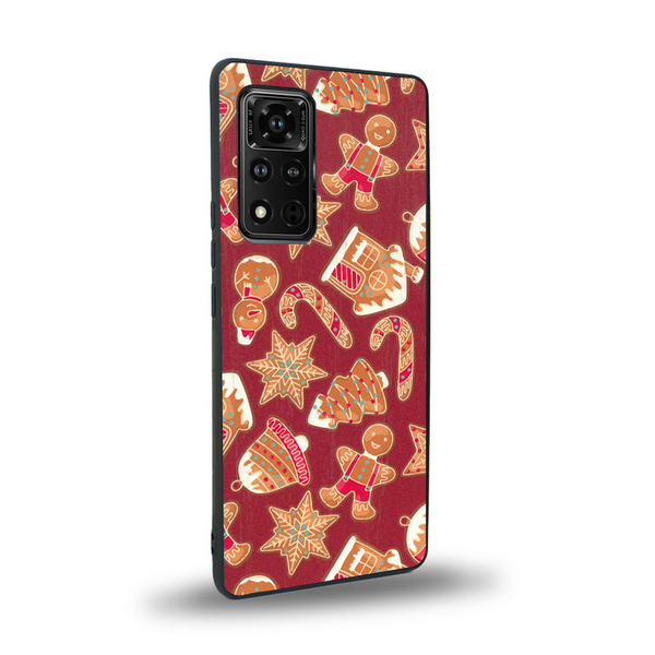 Coque de protection en bois véritable fabriquée en France pour Honor V40 sur le thème de noël et de l'hiver avec un motif représentant un bonhomme de pain d'épice