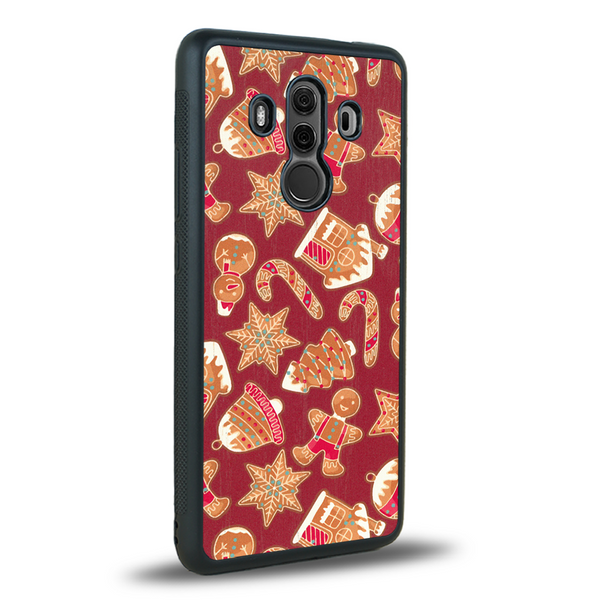 Coque de protection en bois véritable fabriquée en France pour Huawei Mate 10 Pro sur le thème de noël et de l'hiver avec un motif représentant un bonhomme de pain d'épice