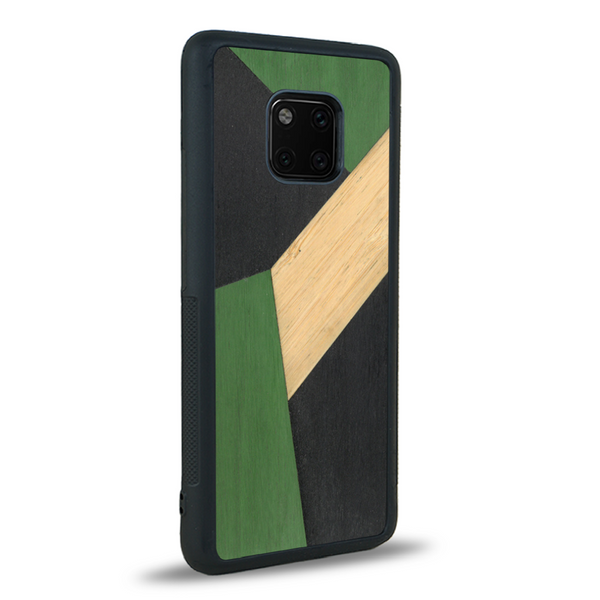 Coque de protection en bois véritable fabriquée en France pour Huawei Mate 20 Pro alliant du bambou, du tulipier vert et noir en forme de mosaïque minimaliste sur le thème de l'art abstrait