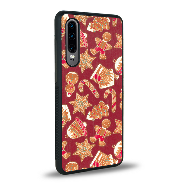 Coque de protection en bois véritable fabriquée en France pour Huawei P30 sur le thème de noël et de l'hiver avec un motif représentant un bonhomme de pain d'épice