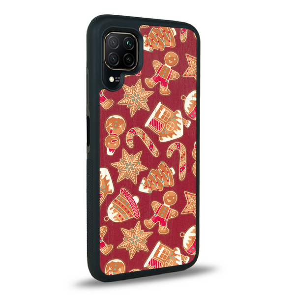 Coque de protection en bois véritable fabriquée en France pour Huawei P40 Lite sur le thème de noël et de l'hiver avec un motif représentant un bonhomme de pain d'épice