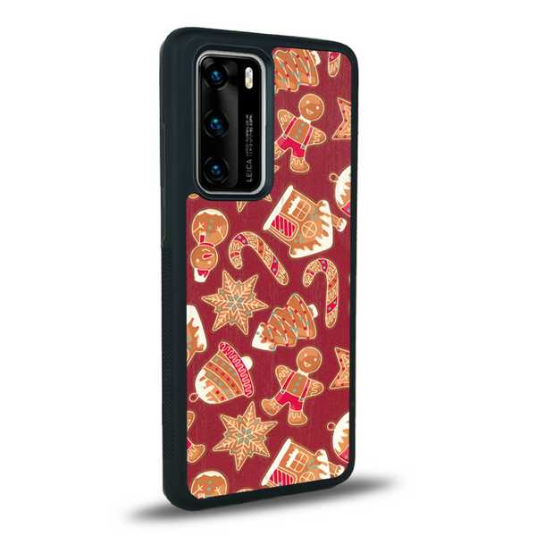 Coque de protection en bois véritable fabriquée en France pour Huawei P40 Pro sur le thème de noël et de l'hiver avec un motif représentant un bonhomme de pain d'épice