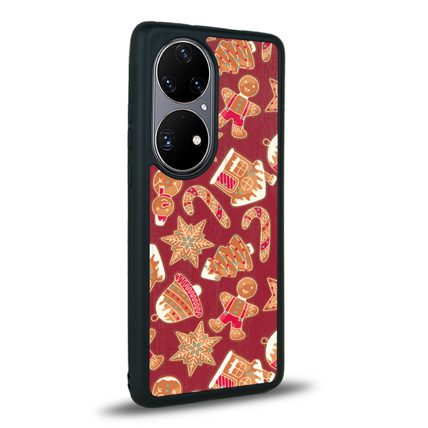 Coque de protection en bois véritable fabriquée en France pour Huawei P50 sur le thème de noël et de l'hiver avec un motif représentant un bonhomme de pain d'épice