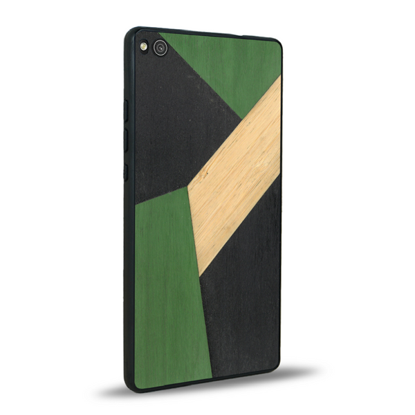 Coque de protection en bois véritable fabriquée en France pour Huawei P8 alliant du bambou, du tulipier vert et noir en forme de mosaïque minimaliste sur le thème de l'art abstrait