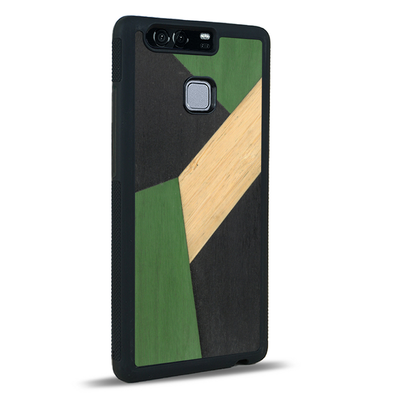 Coque de protection en bois véritable fabriquée en France pour Huawei P9 alliant du bambou, du tulipier vert et noir en forme de mosaïque minimaliste sur le thème de l'art abstrait