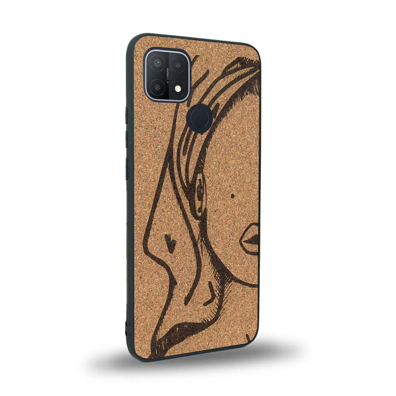 Coque de protection en bois véritable fabriquée en France pour Oppo A15 représentant une silhouette féminine épurée de type line art en collaboration avec l'artiste Maud Dabs