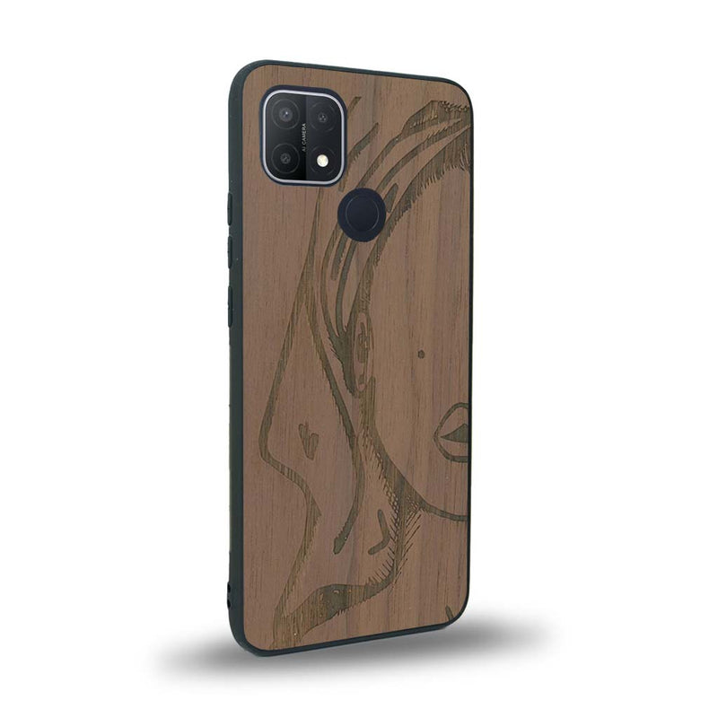 Coque de protection en bois véritable fabriquée en France pour Oppo A15 représentant une silhouette féminine épurée de type line art en collaboration avec l'artiste Maud Dabs