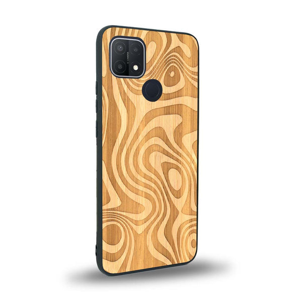 Coque de protection en bois véritable fabriquée en France pour Oppo A15 avec un motif abstrait représentant les mouvements de l'eau