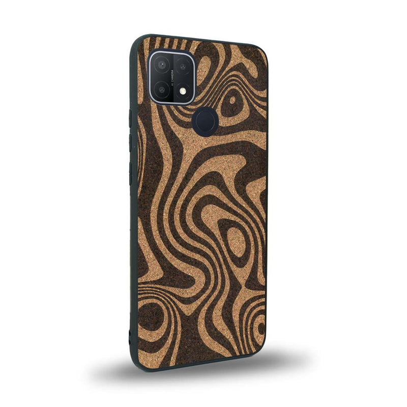 Coque de protection en bois véritable fabriquée en France pour Oppo A15 avec un motif abstrait représentant les mouvements de l'eau