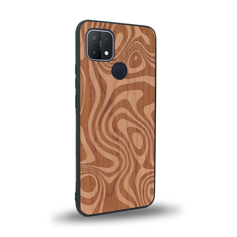 Coque de protection en bois véritable fabriquée en France pour Oppo A15 avec un motif abstrait représentant les mouvements de l'eau