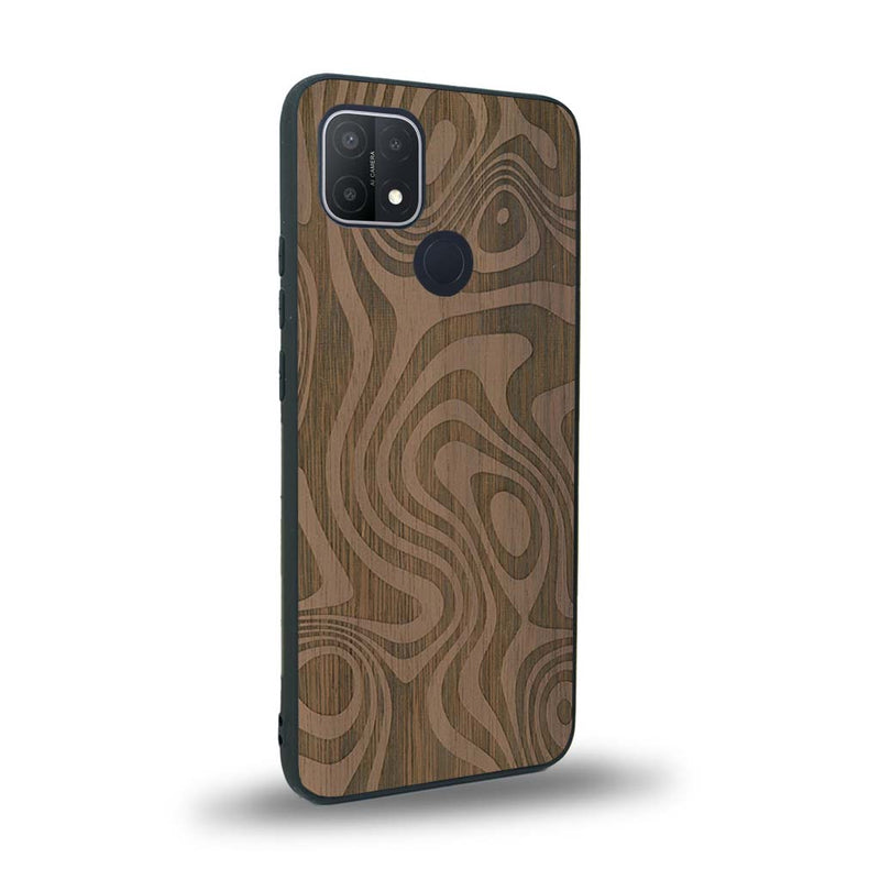 Coque de protection en bois véritable fabriquée en France pour Oppo A15 avec un motif abstrait représentant les mouvements de l'eau