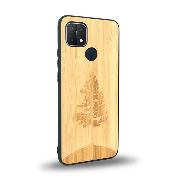 Coque de protection en bois véritable fabriquée en France pour Oppo A15 sur le thème de la nature, de la fôret et de l'écoresponsabilité avec une gravure représentant un arbre 