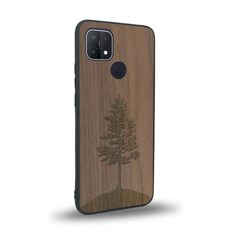 Coque de protection en bois véritable fabriquée en France pour Oppo A15 sur le thème de la nature, de la fôret et de l'écoresponsabilité avec une gravure représentant un arbre 