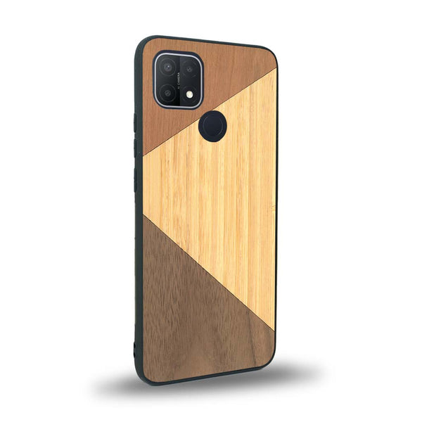 Coque de protection en bois véritable fabriquée en France pour Oppo A15 alliant du merisier, du noyer et du bambou formant chacun deux triangles et un trapèze avec deux jointures en diagonale sur le thème de l'art abstrait