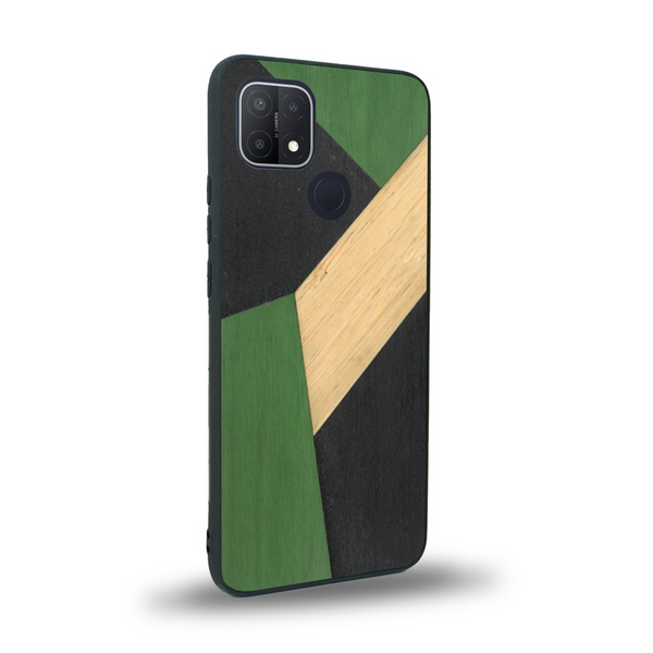 Coque de protection en bois véritable fabriquée en France pour Oppo A15 alliant du bambou, du tulipier vert et noir en forme de mosaïque minimaliste sur le thème de l'art abstrait