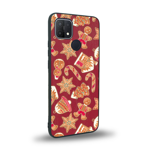 Coque de protection en bois véritable fabriquée en France pour Oppo A15 sur le thème de noël et de l'hiver avec un motif représentant un bonhomme de pain d'épice