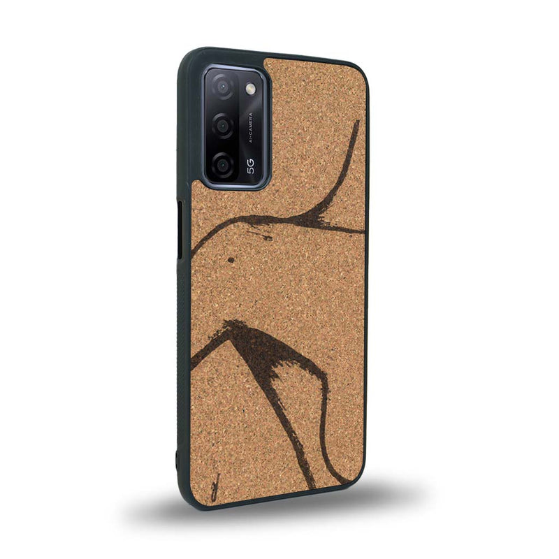 Coque de protection en bois véritable fabriquée en France pour Oppo A55 5G représentant une silhouette féminine dessinée à la main par l'artiste Maud Dabs