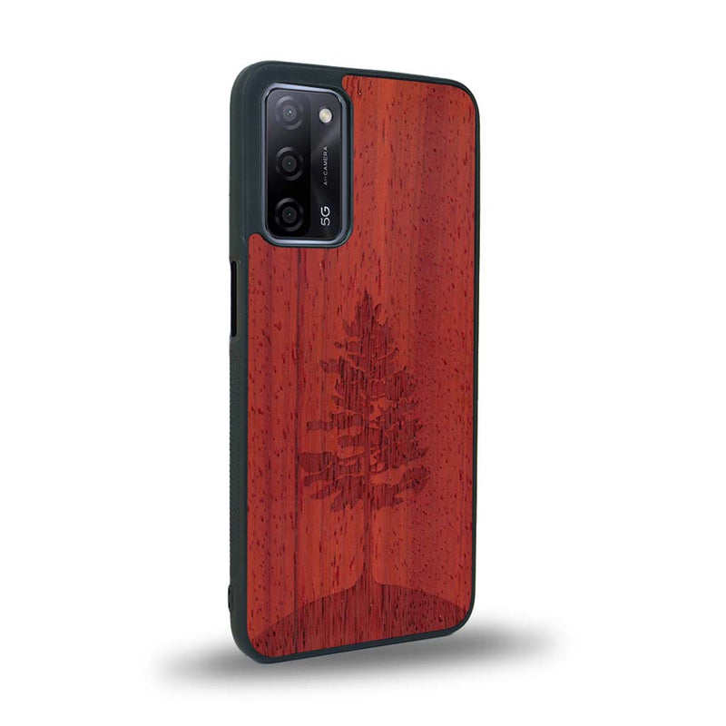 Coque de protection en bois véritable fabriquée en France pour Oppo A55 5G sur le thème de la nature, de la fôret et de l'écoresponsabilité avec une gravure représentant un arbre 