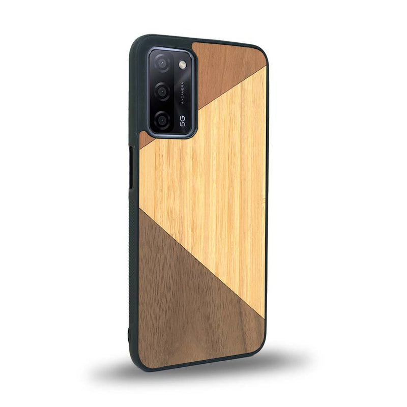 Coque de protection en bois véritable fabriquée en France pour Oppo A55 5G alliant du merisier, du noyer et du bambou formant chacun deux triangles et un trapèze avec deux jointures en diagonale sur le thème de l'art abstrait