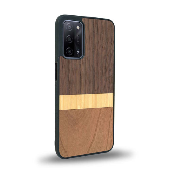 Coque de protection en bois véritable fabriquée en France pour Oppo A55 5G alliant des bandes horizontales de bambou, merisier et noyer