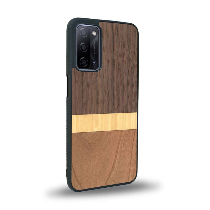 Coque de protection en bois véritable fabriquée en France pour Oppo A55 5G alliant des bandes horizontales de bambou, merisier et noyer