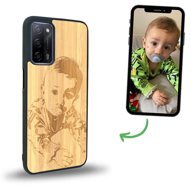 Coque de protection en bois véritable fabriquée en France pour Oppo A72 avec gravure personnalisée à partir d'une photo, d'une image, d'un logo, des initials ou d'une phrase