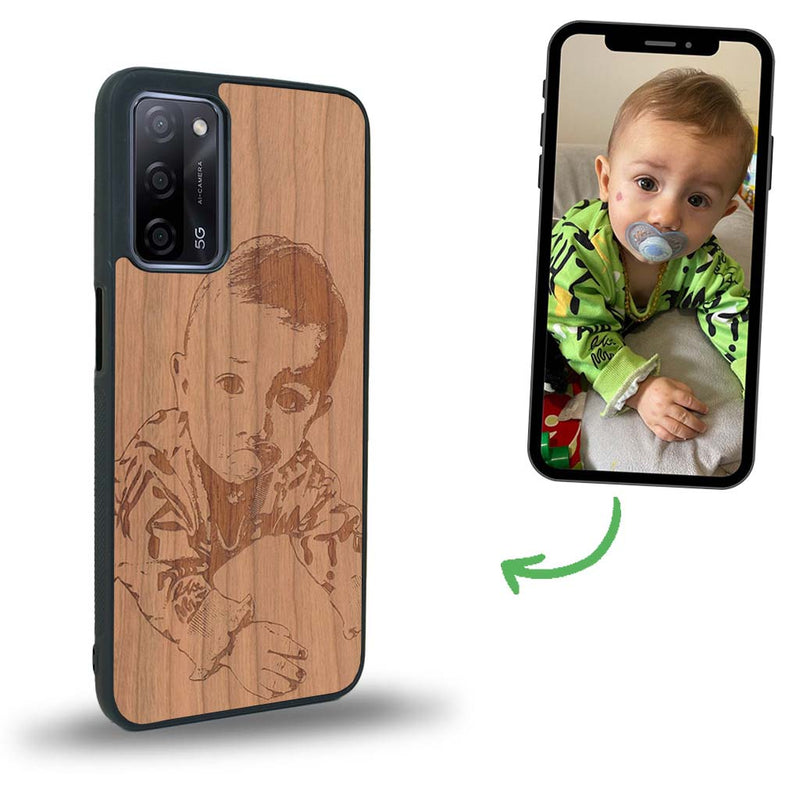 Coque de protection en bois véritable fabriquée en France pour Oppo A72 avec gravure personnalisée à partir d'une photo, d'une image, d'un logo, des initials ou d'une phrase