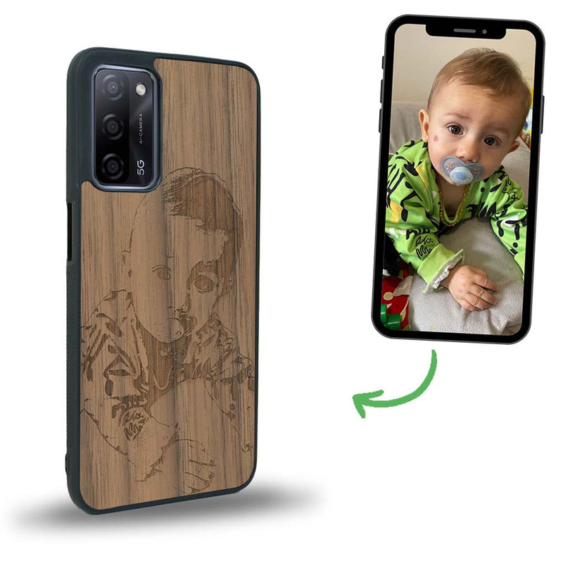 Coque de protection en bois véritable fabriquée en France pour Oppo A72 avec gravure personnalisée à partir d'une photo, d'une image, d'un logo, des initials ou d'une phrase