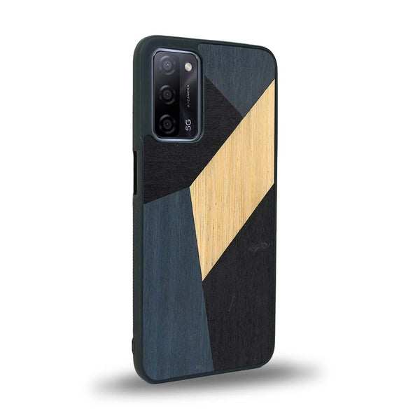 Coque de protection en bois véritable fabriquée en France pour Oppo A72 alliant du bambou, du tulipier bleu et noir en forme de mosaïque minimaliste sur le thème de l'art abstrait