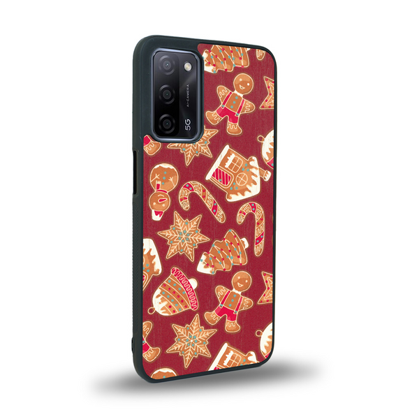 Coque de protection en bois véritable fabriquée en France pour Oppo A72 sur le thème de noël et de l'hiver avec un motif représentant un bonhomme de pain d'épice